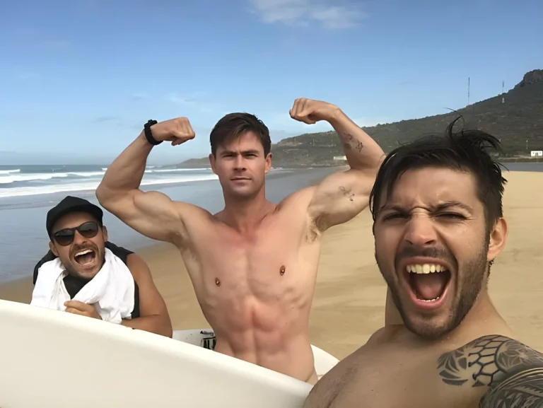 Chris Hemsworth with friends on beach