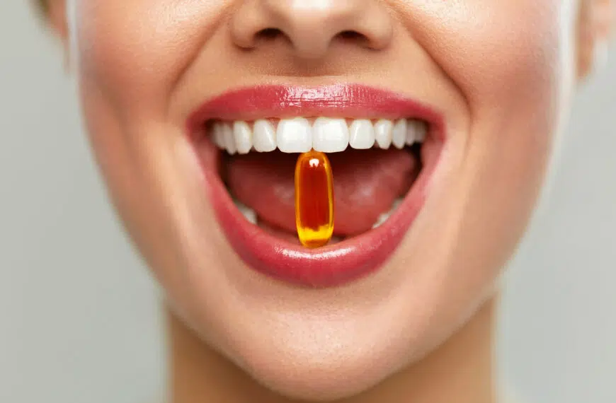 woman with pill in teeth