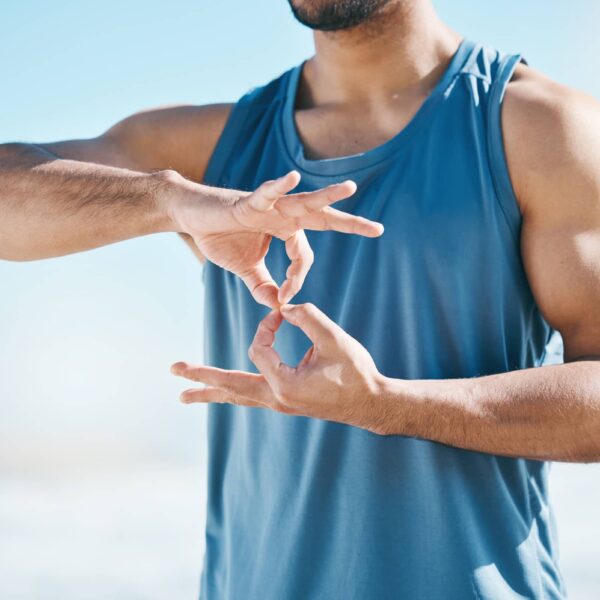 Hands, exercise and sign language with a sports man outdoor