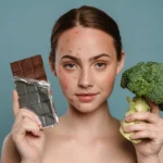 woman with spots posing with chocolate and broccoli