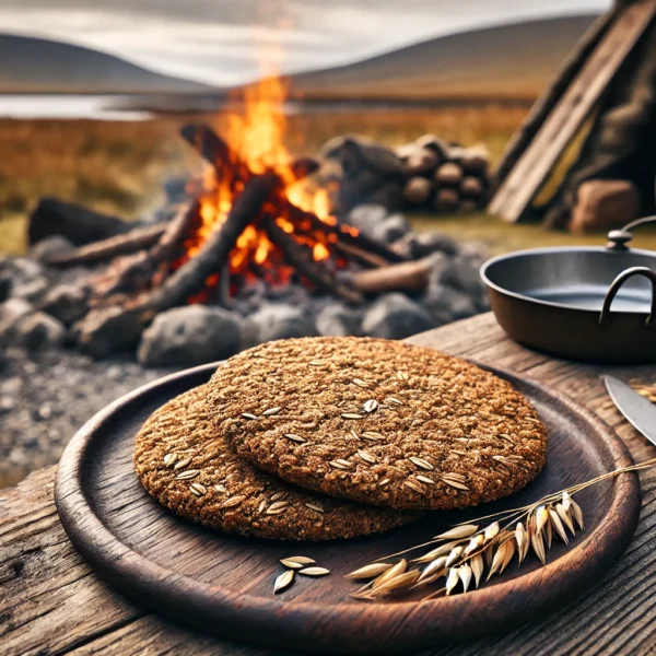 A rustic Scottish oatcake placed on a wooden plate, slightly toasted with a golden-brown color, showing a coarse texture from wholegrain oats.