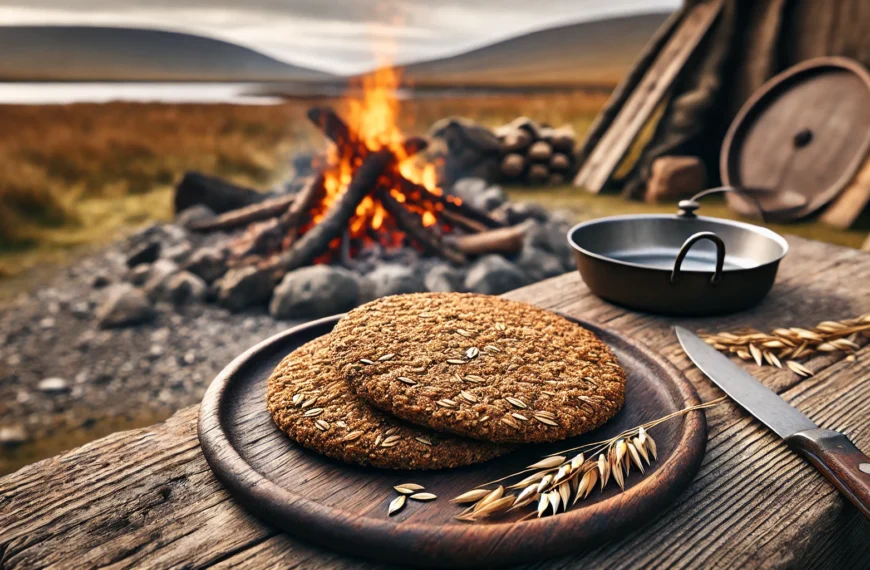 A rustic Scottish oatcake placed on a wooden plate, slightly toasted with a golden-brown color, showing a coarse texture from wholegrain oats.