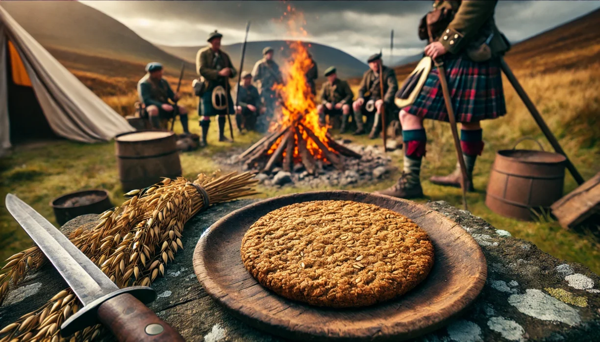 A rustic Scottish oatcake placed on a wooden plate, slightly toasted with a golden-brown color, showing a coarse texture from wholegrain oats. The set