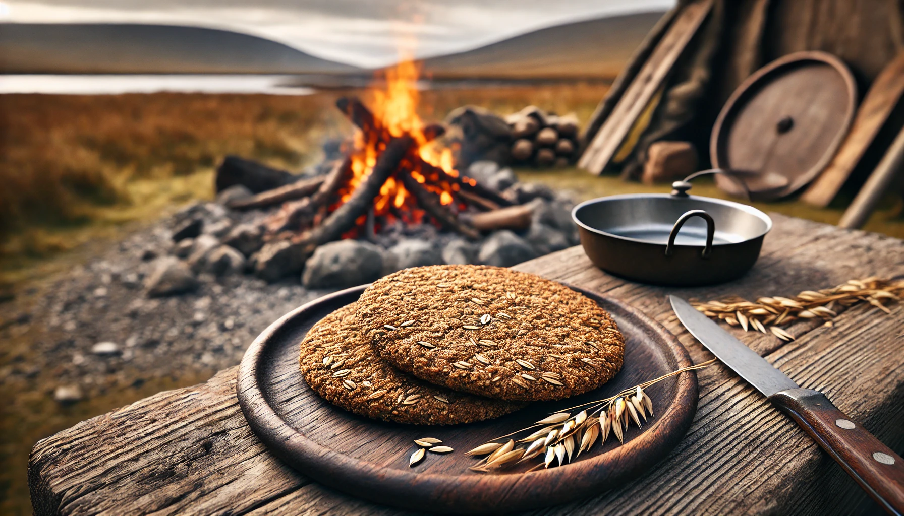 A rustic Scottish oatcake placed on a wooden plate, slightly toasted with a golden-brown color, showing a coarse texture from wholegrain oats.