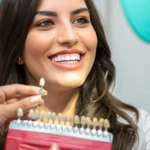 Woman compares teeth shades with dentist