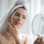 woman with towel on head looking in mirror