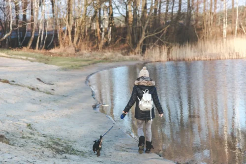 girl walks dog by lake scaled