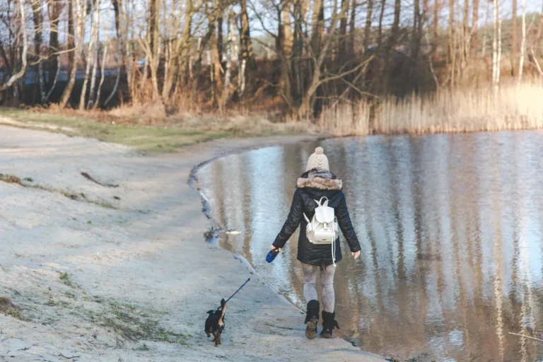 girl walks dog by lake scaled