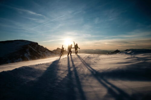 skiers hiking