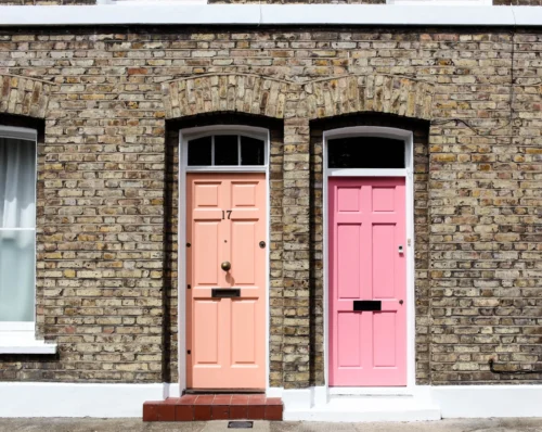 two brightly coloured doors scaled