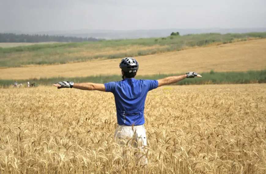 cyclist in field of hay scaled