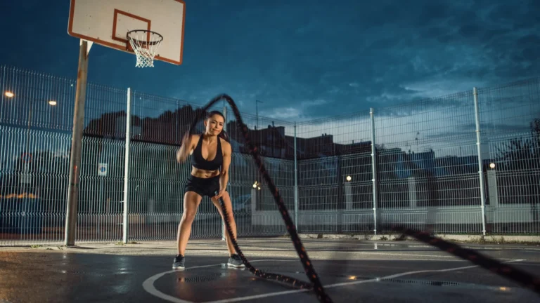 fit girl using battle ropes on basketball court scaled