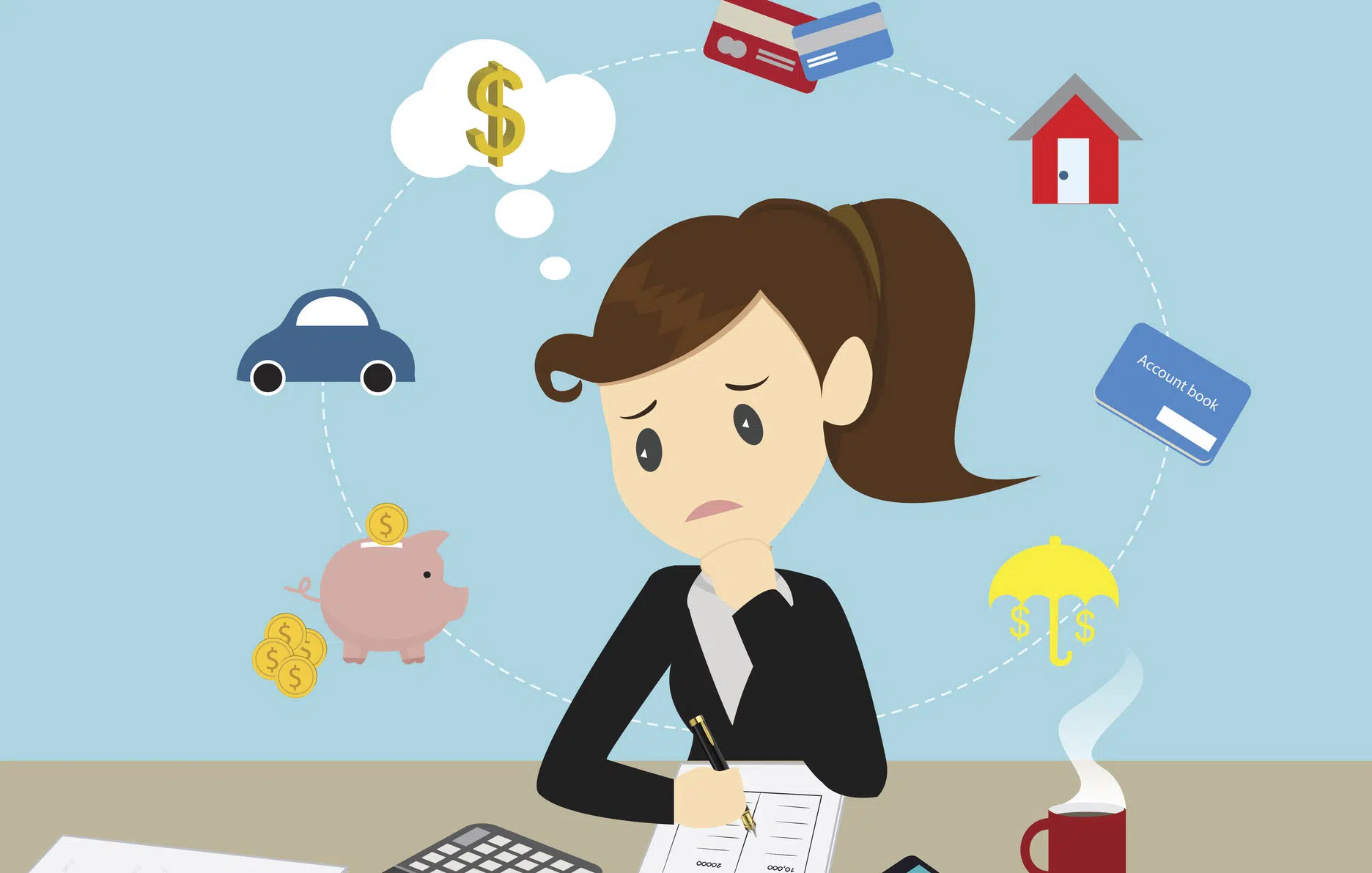Graphic shows female stressed with financial worries