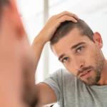 man checks hair in mirror