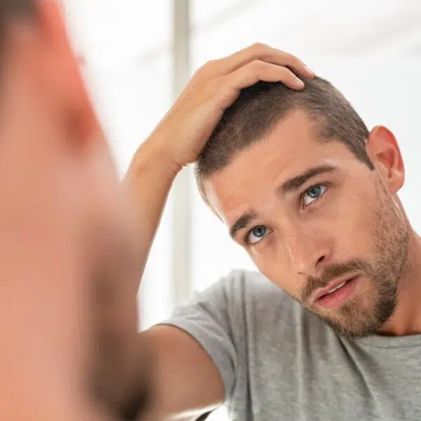 Man checks hair in mirror
