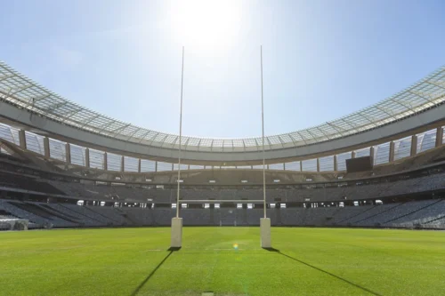 Rugby goal post on a sunny day in the stadium