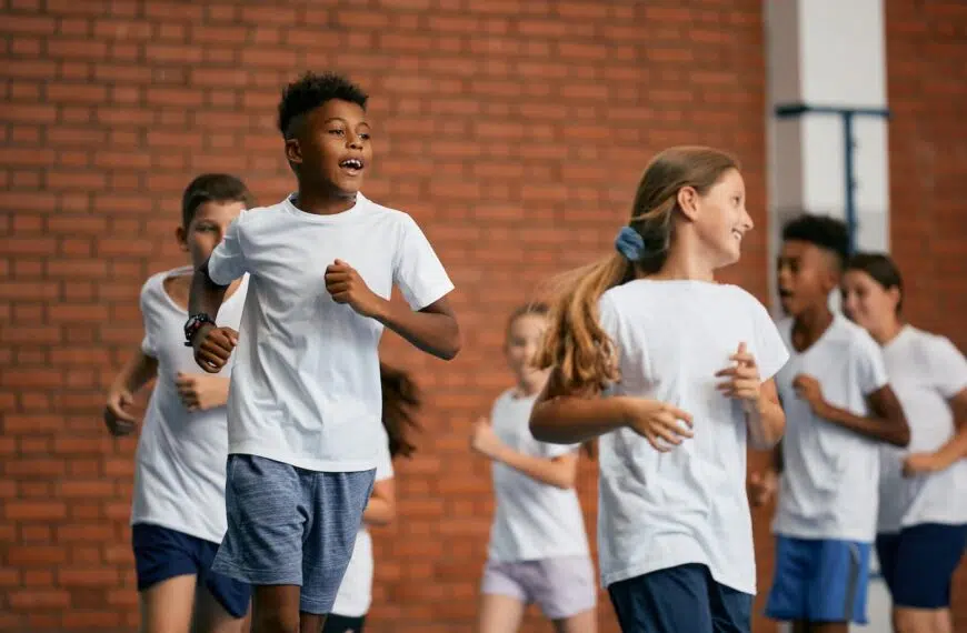 group of school children run during physical education class at school gym