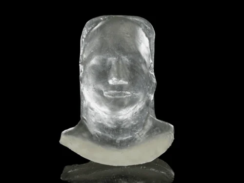 One of the glass radiotherapy mask sculptures from Katharine Dowsons Silent Stories art installation