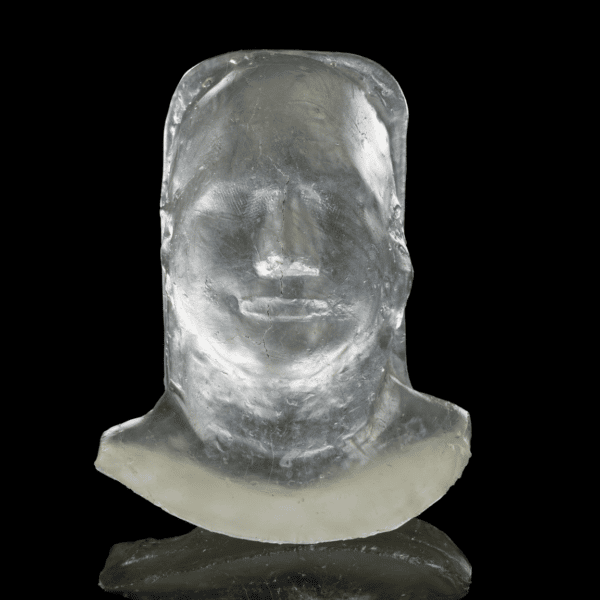 One of the glass radiotherapy mask sculptures from Katharine Dowsons Silent Stories art installation
