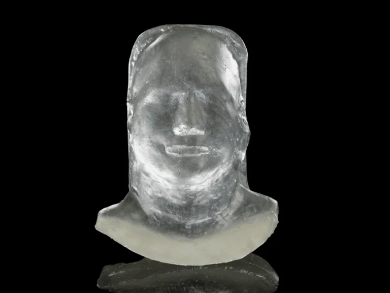 One of the glass radiotherapy mask sculptures from Katharine Dowsons Silent Stories art installation