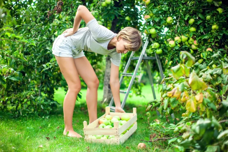 woman bends in garden holding her back in pain scaled