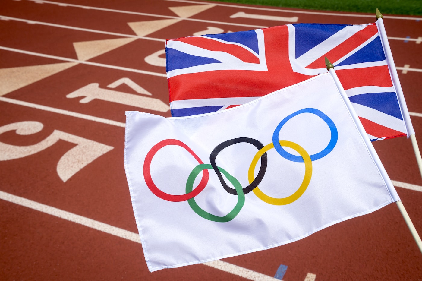 Olympic and British union jack flag flutter together