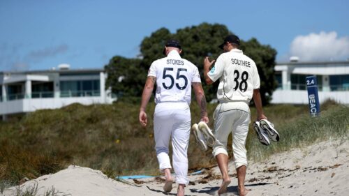 England Men's Test Captain Ben Stokes (left)and New Zealand Captain Tim Southee