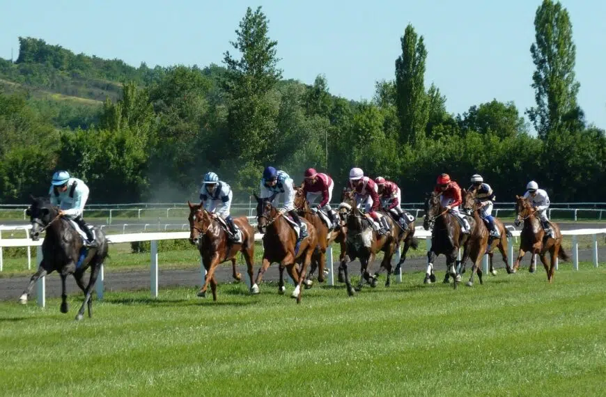 jockeys on their horses race to the finish line