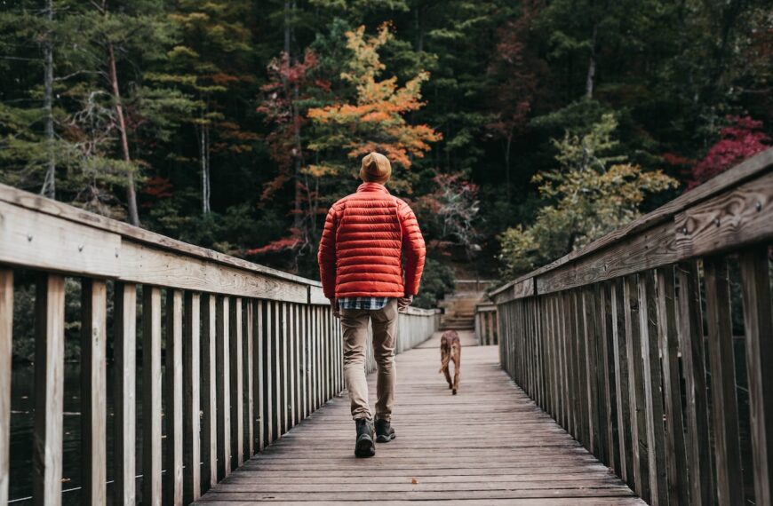 man walks across footbridge with dog