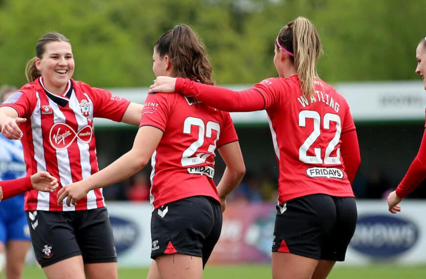 Megan Collett of Southampton celebrates scoring with team mates during The FA Womens National League match between Southampton Women and Cardiff City e1653044181736