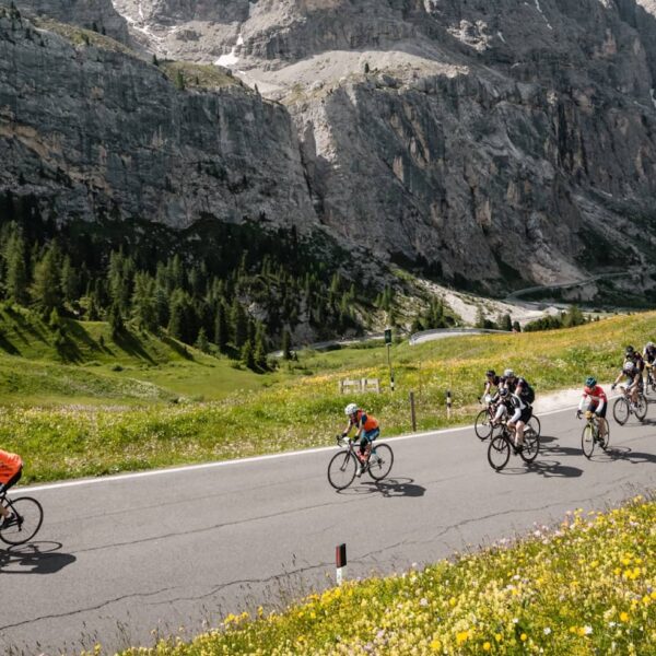 cyclists race on road in italian mountains