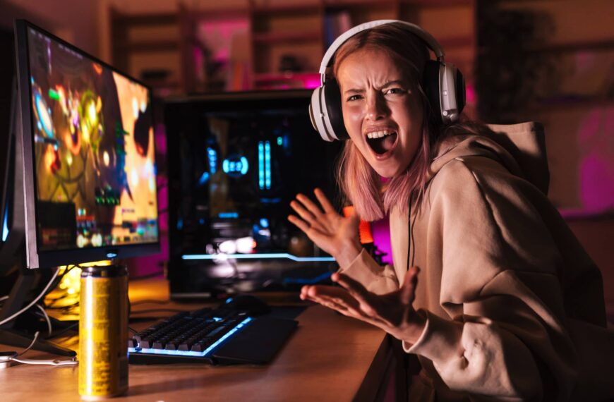 displeased girl expressing irritation while playing video game