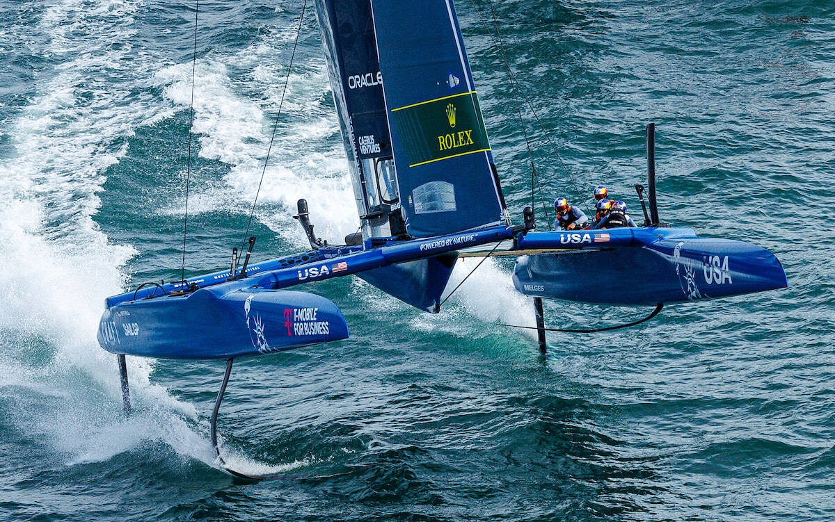 Usa sailgp team usa helmed by jimmy spithill in action on race day 2 of the spain sail grand prix in cadiz, andalusia
