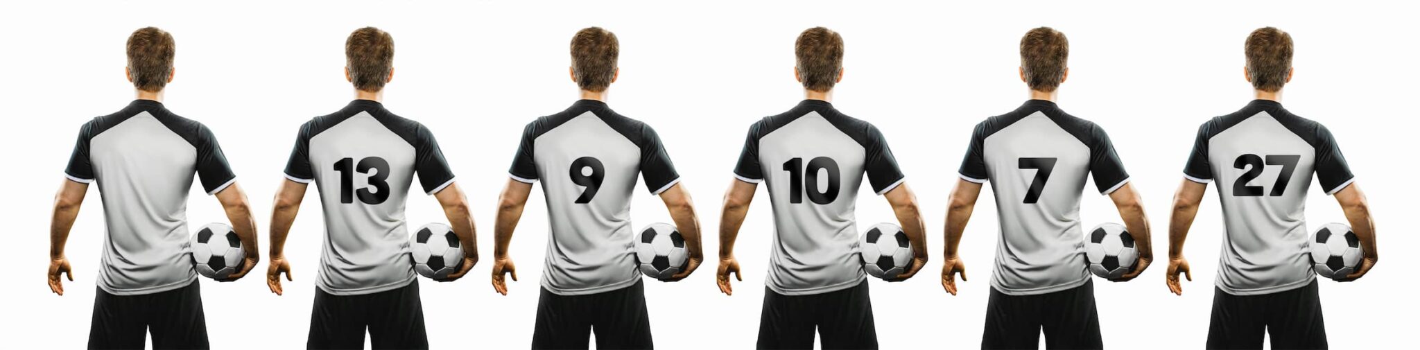 Soccer player holding the ball with his back twisted with different popular shirt numbers