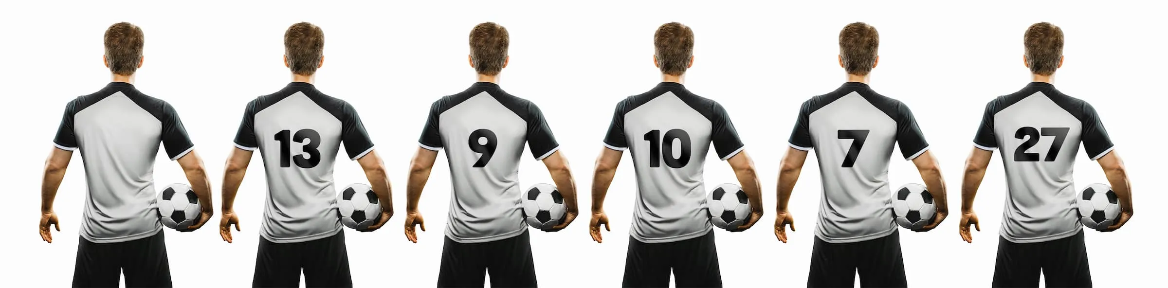 soccer player holding the ball with his back twisted with different popular shirt numbers