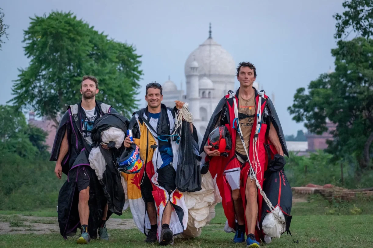 Frederic Fugen [Centre], Vincent Cotte [Left] & Aurelien Chatard [Right] seen during the project 'Taj Mahal Fly-by' in Agra, India