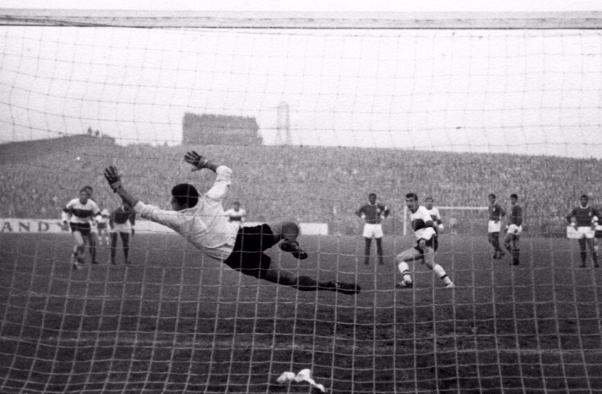 John Colrain scores from the penalty spot during the Glens’ 1-1 draw with Benfica in the 1967 European Cup