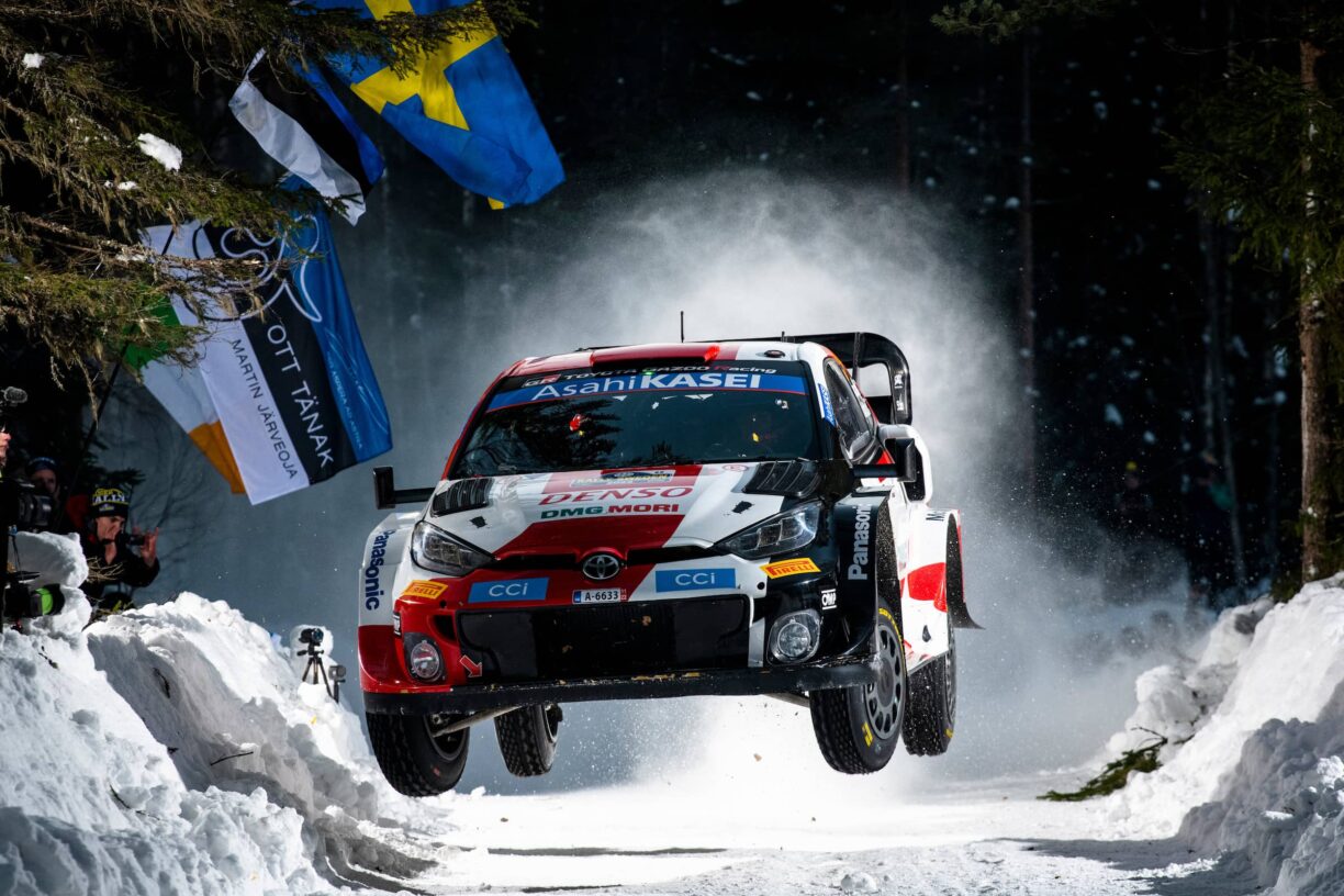 Kalle Rovanpera (FIN) and Jonne Halttunen (FIN) of team Toyota Gazoo Racing are performing during World Rally Championship Sweden in Umea