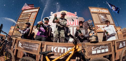 The winners (L-R) Reed Boggs, Szymon Godziek, Brett Rheeder, and Thomas Genonat celebrate at Red Bull Rampage in Virgin, Utah, USA on 21 October, 2022.