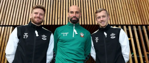 Stuart Armstrong, Willy Caballero and James Ward-Prowse pictured wearing white ribbons during a Southampton FC training session at the Staplewood Campus