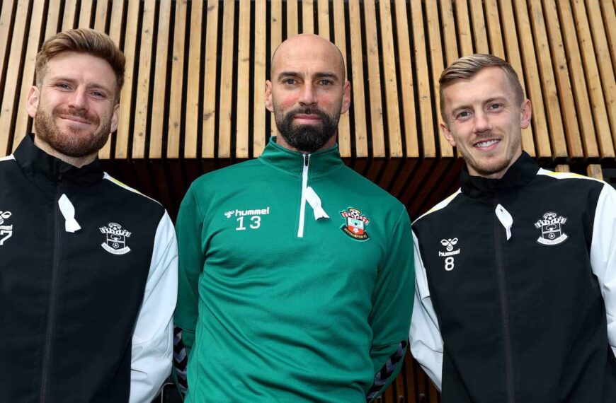 Stuart Armstrong, Willy Caballero and James Ward-Prowse pictured wearing white ribbons during a Southampton FC training session at the Staplewood Campus