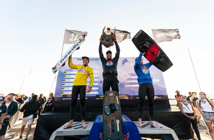 Kevin Langeree, Marc Jacobs and Stig Hoegnagel celebrate the podium at Red Bull King Of The Air in Cape Town, South Africa on November 21, 2021