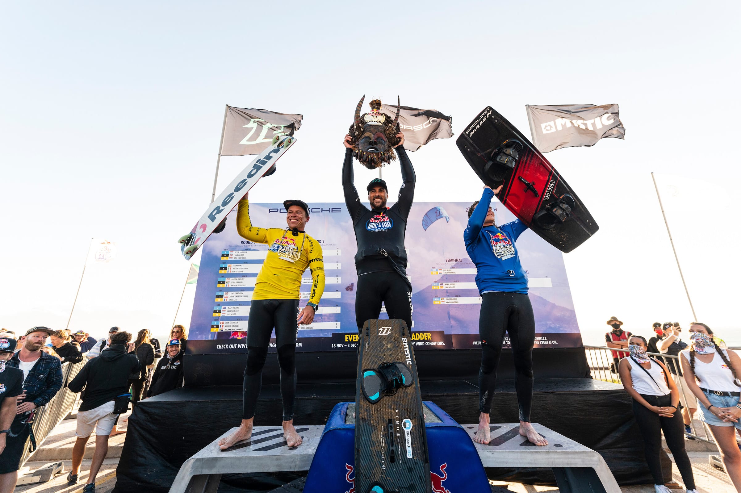 Kevin langeree, marc jacobs and stig hoegnagel celebrate the podium at red bull king of the air in cape town, south africa on november 21, 2021