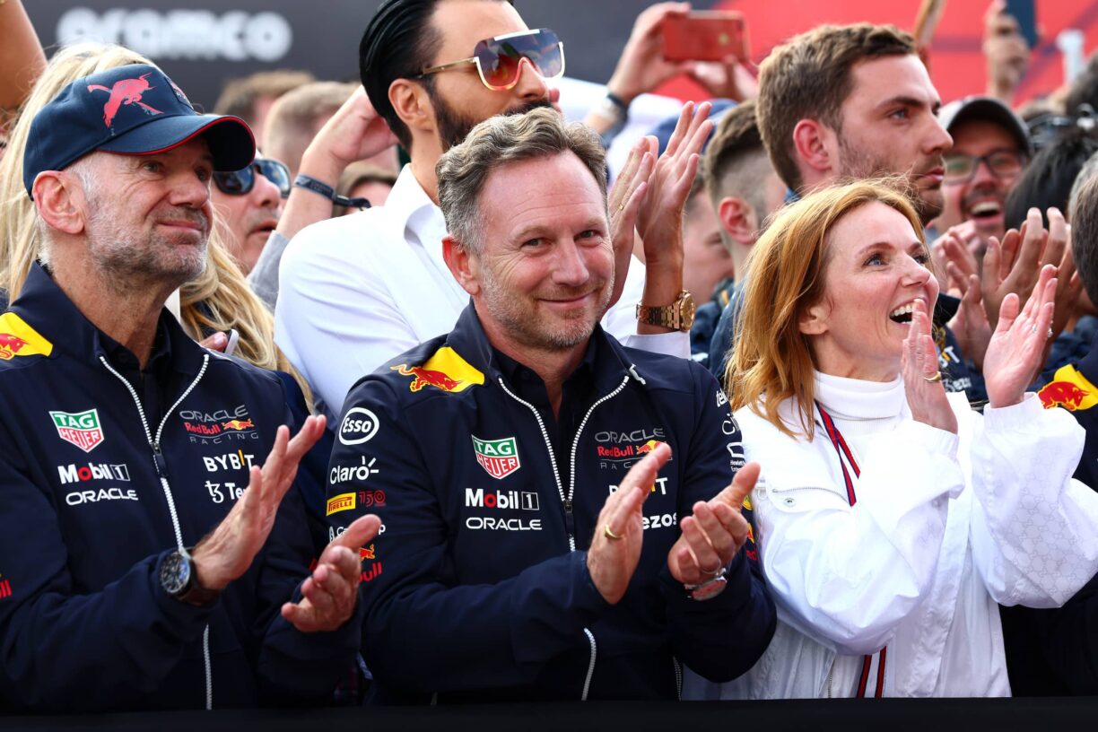 Adrian newey the chief technical officer of red bull racing red bull racing team principal christian horner and geri halliwell