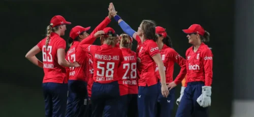 England Women celebrate at the Sir Vivian Richards Stadium, Antigua