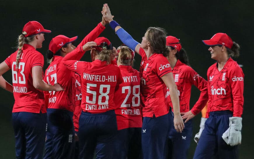 England Women celebrate at the Sir Vivian Richards Stadium, Antigua