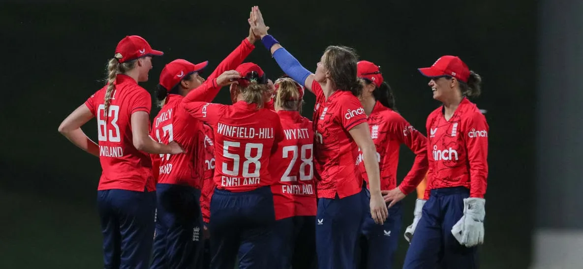 England Women celebrate at the Sir Vivian Richards Stadium, Antigua