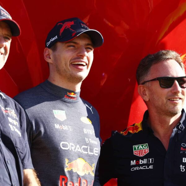 Max Verstappen and Red Bull Racing celebrates with Red Bull Racing Christian Horner, Adrian Newey, and his team