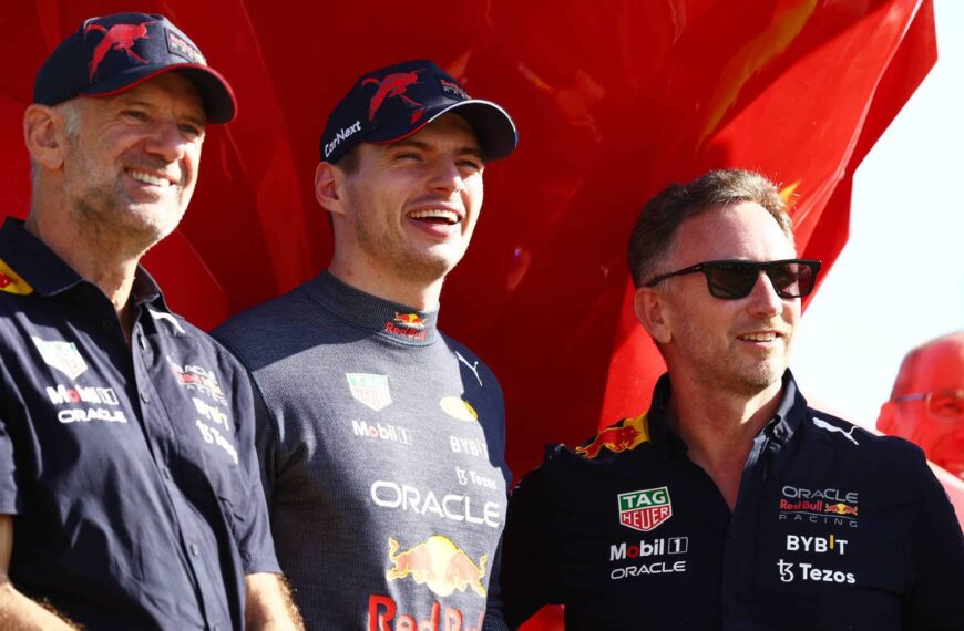 Max Verstappen and Red Bull Racing celebrates with Red Bull Racing Christian Horner, Adrian Newey, and his team