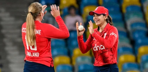 Sophie Ecclestone and Maia Bouchier celebrating at the Kensington Oval, Barbados.